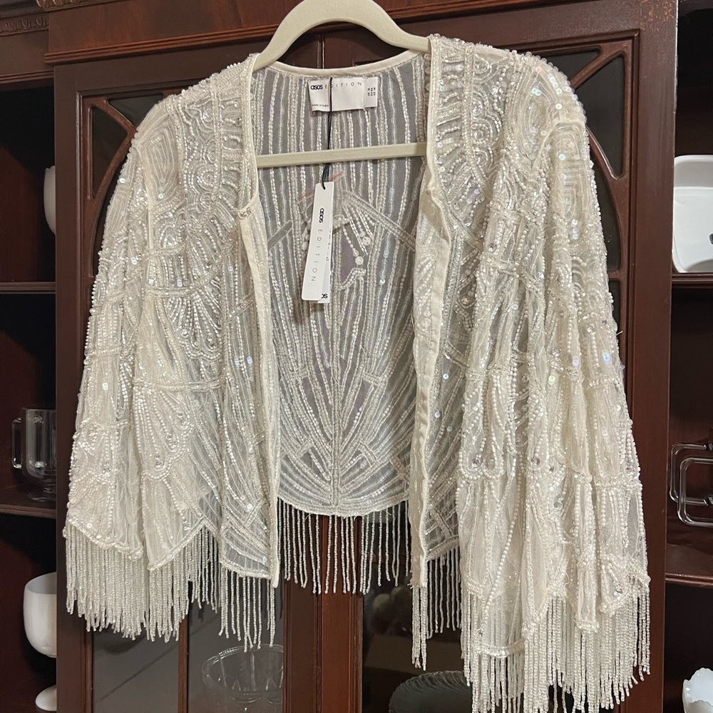 ASOS EDITION embellished fringe cape in ivory - Picture 5 of 7